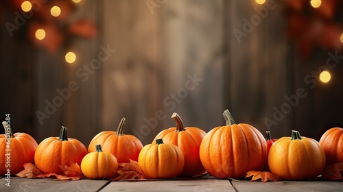 Festive autumn decor from pumpkins, leaves and lights on background 