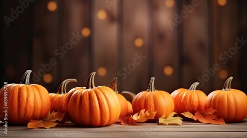 Festive autumn decor from pumpkins, leaves and lights on background 