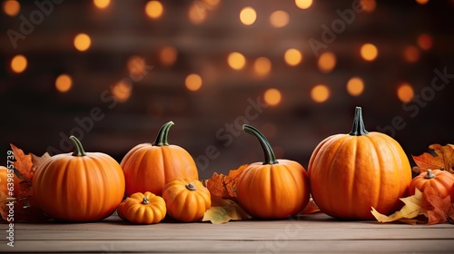 Festive autumn decor from pumpkins, leaves and lights on background 