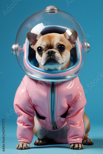 portrait of dog wearing astronaut costume sitting isolated on plain blue studio background