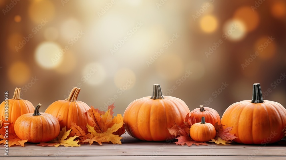 Festive autumn decor from pumpkins and leaves on blurry lights on background Festive autumn decor from pumpkins and leaves on blurry lights on background
