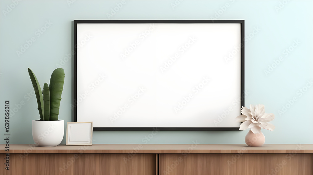 Blank picture frame mockup on a wall. Horizontal orientation. Artwork template in interior design generated by AI. Blank picture frame mockup on a wall. Horizontal orientation. Artwork template in interior design generated by AI.