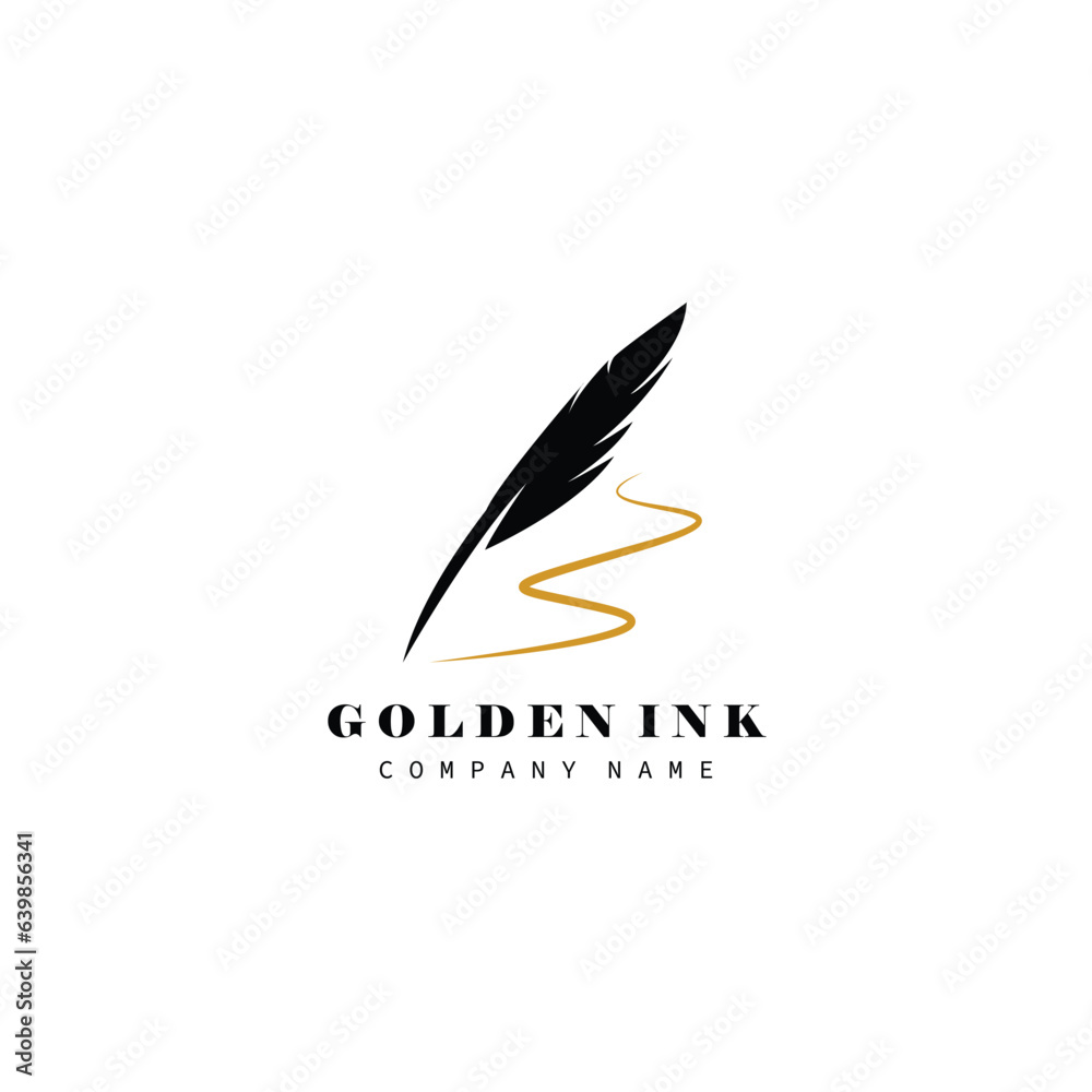 feather quill pen golden ink logo, vintage Fountain pen logo with gold ink icon, luxury elegant classic stationery illustration isolated on white background
