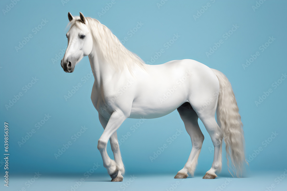 white andalusian horse on plain blue studio background 