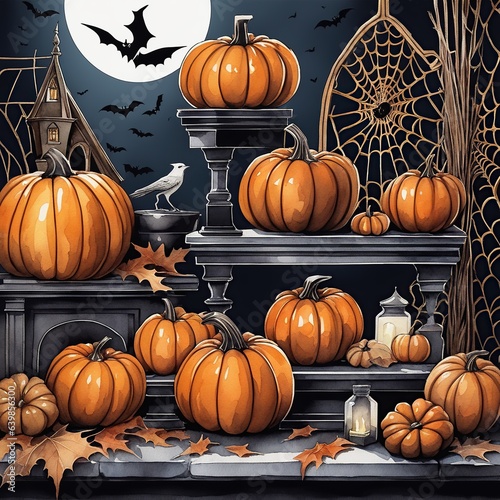 Happy Halloween party poster set. Drawing placards with old mansion, graveyard and pumpkin background. Art cover horror night. October 31 holiday evening promotional artwork. © TanvirGFX