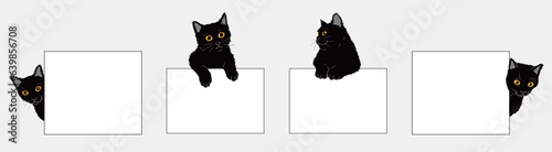 Cartoon black cat with blank paper. Cat above banner or sign illustration	