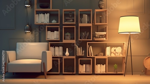 modern living room with armchair and bookshelf