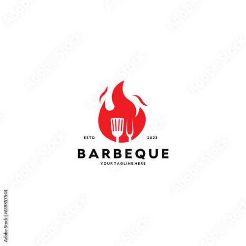 Vintage hipster Grill Barbeque with crossed fork spatula and fire flame icon badge design