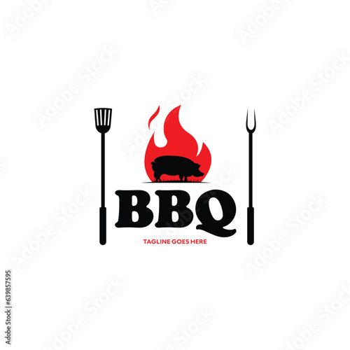 Vintage Retro Rustic pork pig BBQ Grill, Barbecue party, Barbeque Label Stamp Logo design vector invitation, with fire flame design