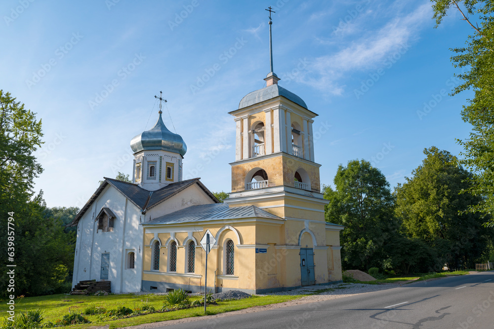 Ancient church of the Holy Trinity on Redyatina street on a sunny July day. Veliky Novgorod, Russia