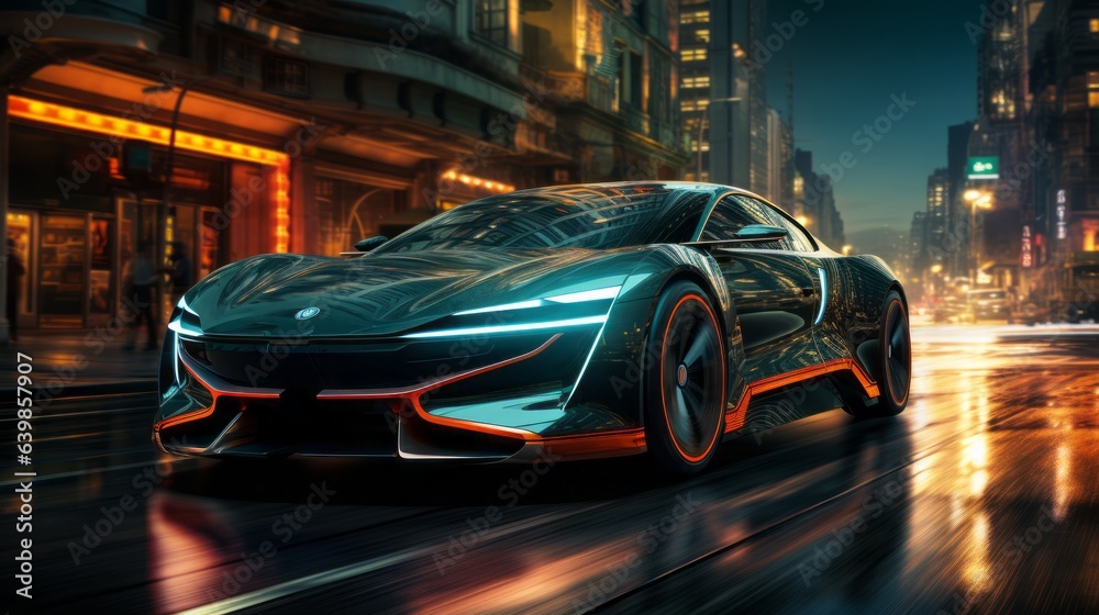 Luxurious Electric Car in Hyper-Realistic Sci-Fi Style. Transport Poster.