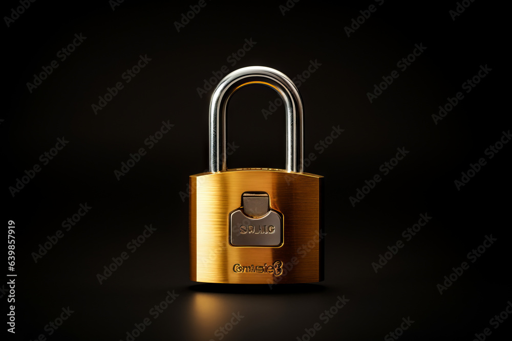 Photo of a gold padlock with dark background
