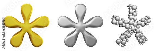 Set of asterisk mark symbol design. Icon or sign shape isolated on transparent background in 3d rendering.