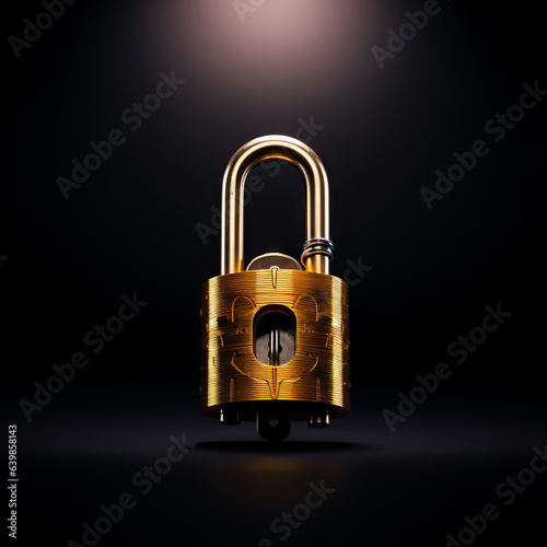 Photo of a gold padlock with dark background