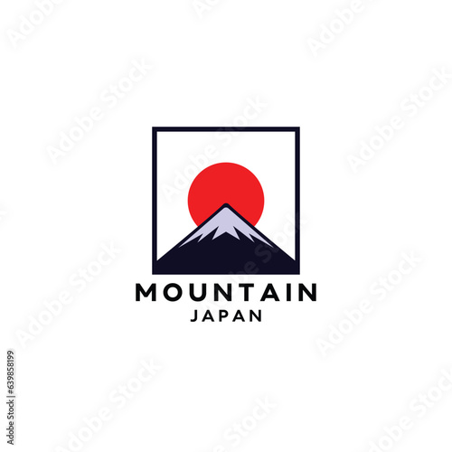 fuji ice mountain with japan rising sun logo illustration icon design in trendy badge style