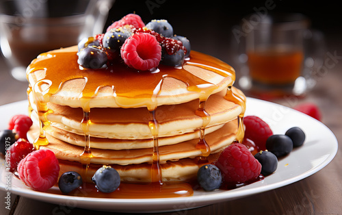 Pancakes with berries and maple syrup on plate on wooden background