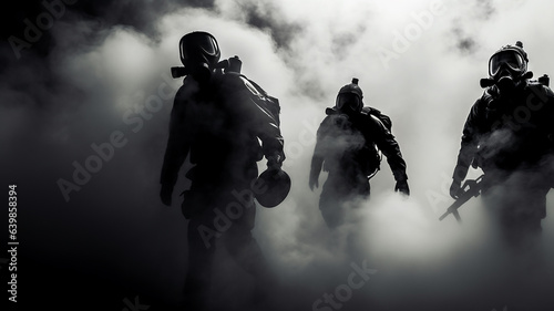 chemical gas attack imitation. silhouettes of people in gas masks black and white fog and smoke.