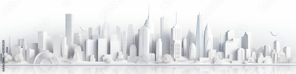 white city cityline paper sculpture long panorama background layout. - obrazy, fototapety, plakaty 