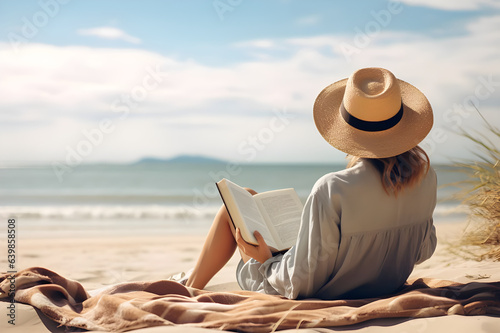 Attractive beautiful girl in a white dress sitting on a white beach and reading a book generated by AI. © Rattanapon