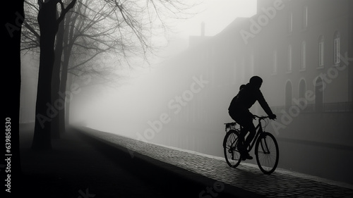 silhouette of a cyclist in the foggy landscape of an old European city.