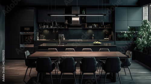 Front view of a large, all black kitchen with dark gray counters, a table, and chairs. a mockup.