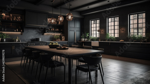Front view of a large, all black kitchen with dark gray counters, a table, and chairs. a mockup.