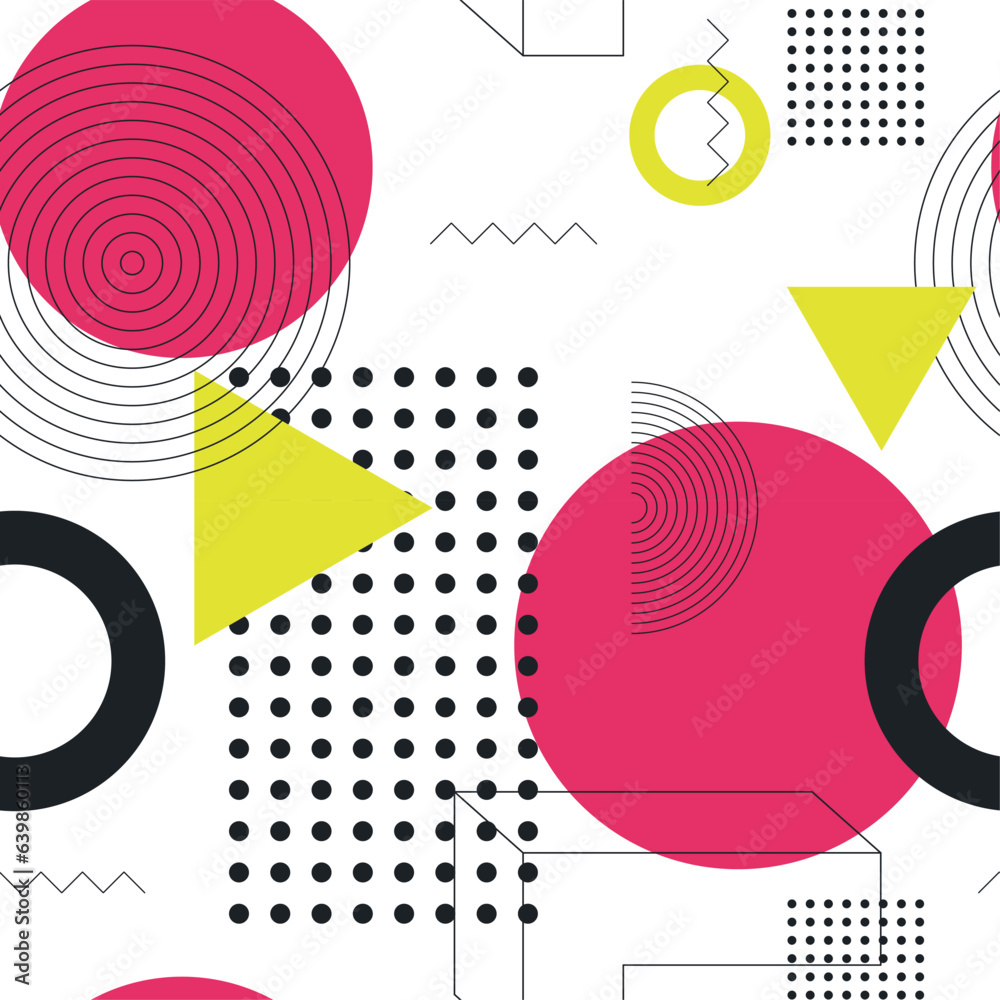Obraz premium Universal Trend Geometric Shapes with Bright Pink and Yellow Elements Vector Seamless Pattern