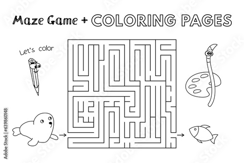 Cartoon seal maze game. Vector coloring book pages for children