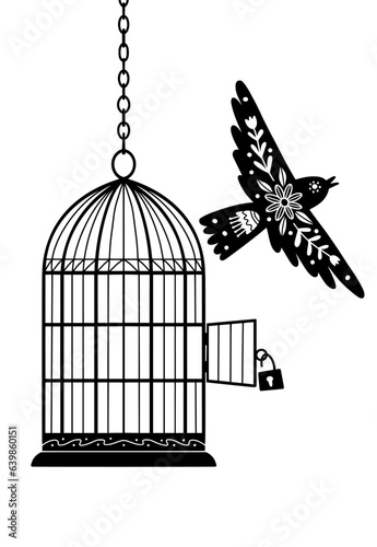 Bird and Cage Silhouette Drawing, Black on White, Freedom Concept. Vector Illustration.