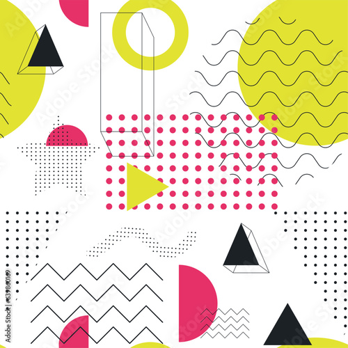 Universal Trend Geometric Shapes with Bright Pink and Yellow Elements Vector Seamless Pattern