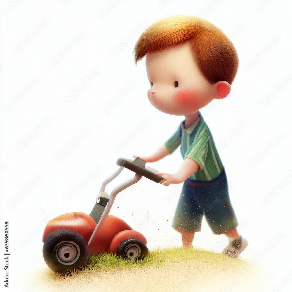 Watercolor illustration of a cute young boy mowing the grass for children's book, greeting cards Watercolor illustration of a cute young boy mowing the grass for children's book, greeting cards