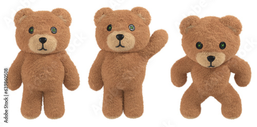 Standing Teddy Bear fluffy toy with button eyes. 3D rendered plush character set.