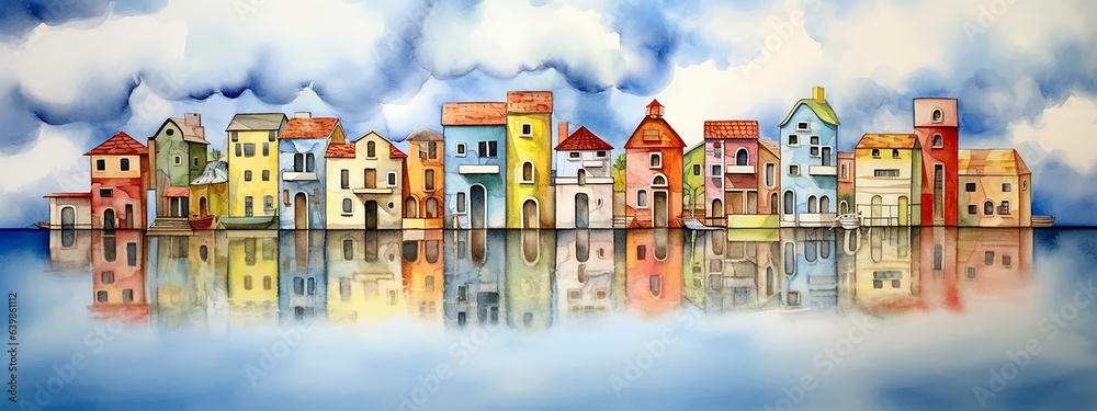 Fototapeta premium watercolor colorful houses reflected in the lake with clouds landscape panorama.