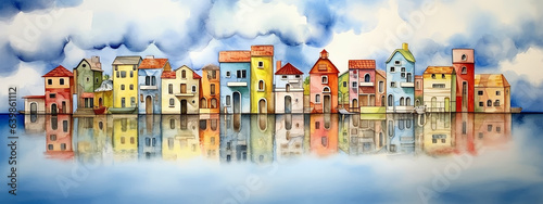 watercolor colorful houses reflected in the lake with clouds landscape panorama. © kichigin19
