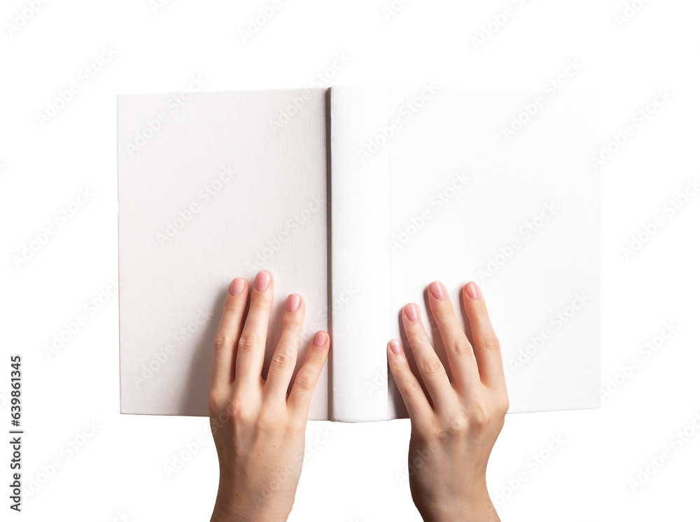 Hands holding open book mockup, blank hard cover mock-up isolated on white background Hands holding open book mockup, blank hard cover mock-up isolated on white background