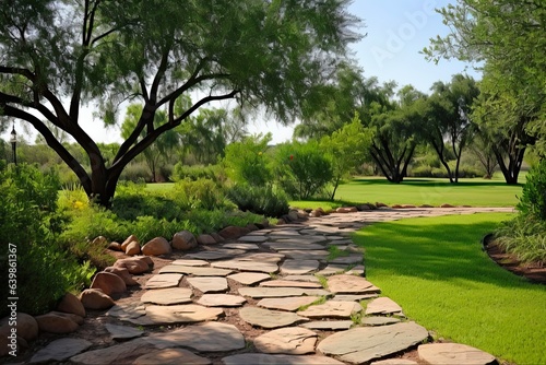 Desert Garden Pathway: A Serene Flagstone Walkway Amongst Trees and Greenery
