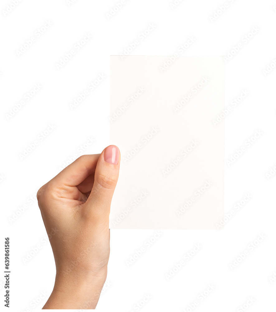 Hand holding greeting card mock up, blank empty postcard isolated on white background Hand holding greeting card mock up, blank empty postcard isolated on white background