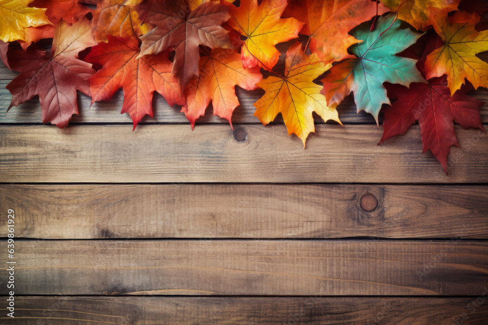 Autumn concept: Fall background with maple leaves on wood, with space for text Autumn concept: Fall background with maple leaves on wood, with space for text