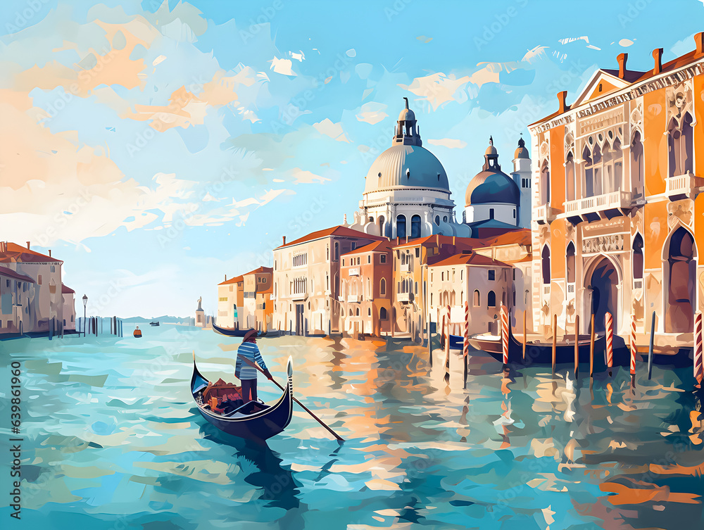 Gondola sails past historic Venetian buildings under a pastel sky, tranquil and picturesque.