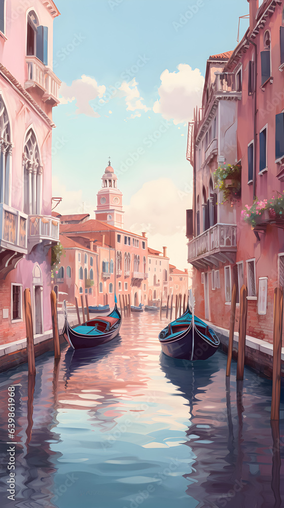 Tranquil Venetian canal with gondolas and pastel buildings under a soft sunset.