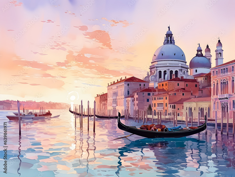 Sunset in Venice paints the sky, as gondoliers steer through calm, reflective waters. - obrazy, fototapety, plakaty 