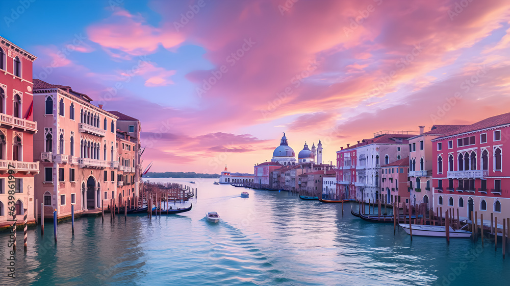 Colorful skyline over Venice waterway.