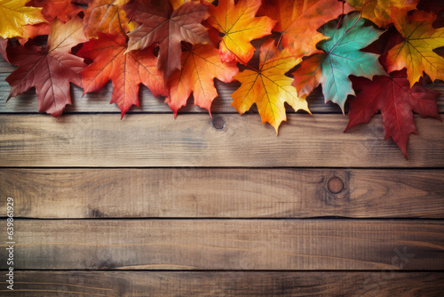 Autumn concept: Fall background with maple leaves on wood, with space for text