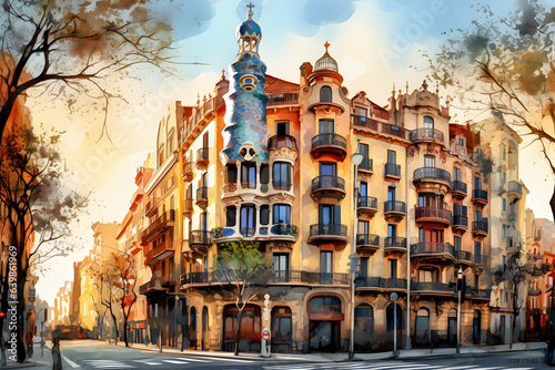 Barcelona's iconic Casa Batlló under a golden sunset, reflecting Modernisme art. photo