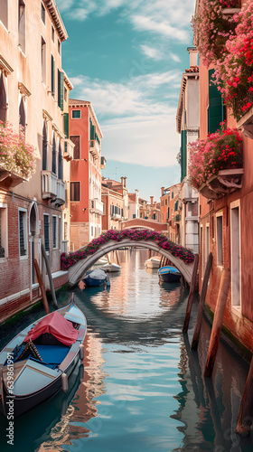 Venice canal with a bridge and boat.
