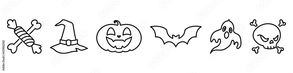 helloween icons set, witch hat, ghost, skull with bones, pumpkin, bat, sweets helloween icons set, witch hat, ghost, skull with bones, pumpkin, bat, sweets