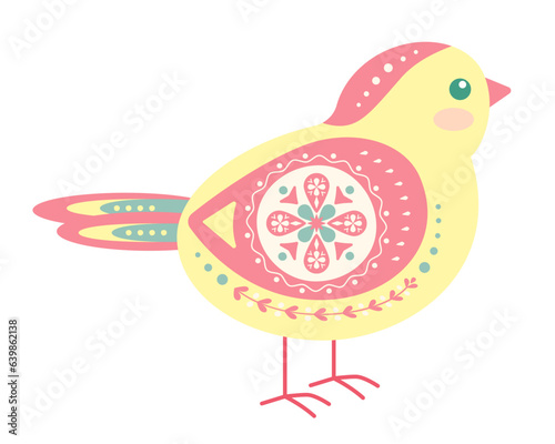 Small bird in yellow with Scandinavian patterns. Christmas decorations for cards. Flat style. Vector illustration.