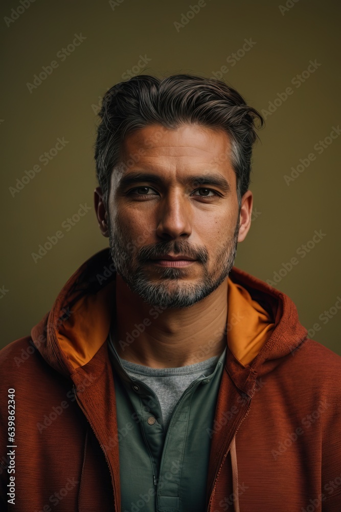 Portrait of man in hoodie sweater on yellow background Portrait of man in hoodie sweater on yellow background