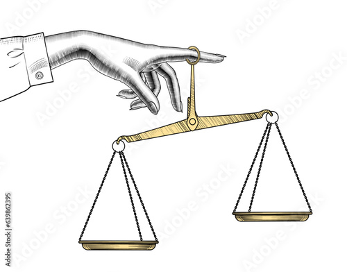 Woman's hand holding golden scales of justice with a cross. Theme of jurisprudence, justice, rule of law. Vintage line drawing. Vector illustration