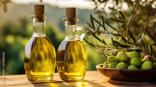 Olive oil and olives on the table in a sunny day